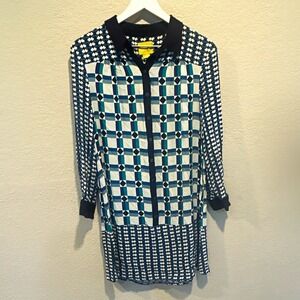 Maeve Women's Geometric Shirt Dress Size 4 Blue/White/Black Long Sleeve Button